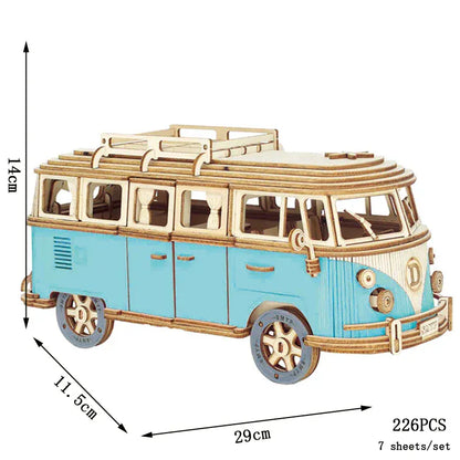 puzzle 3D en bois bus rétro style van I Full Puzzle VAN BLEU